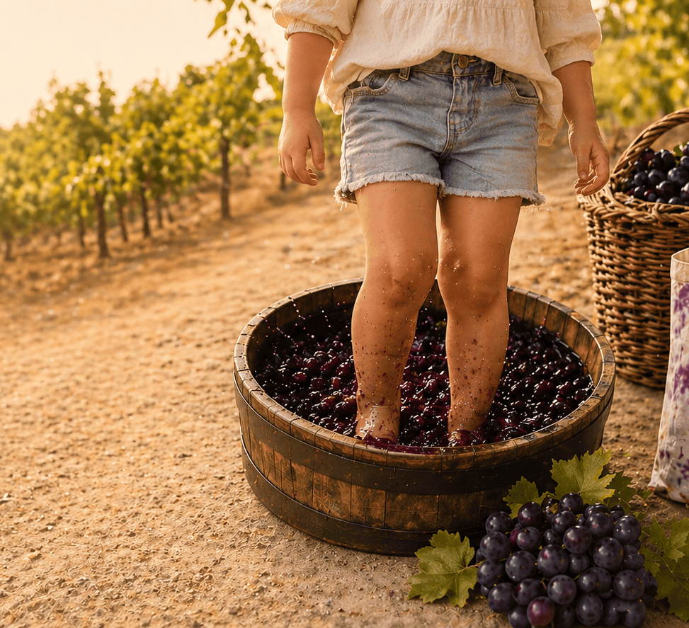 A child stomping wine grapes at Little Harvest in Calistoga